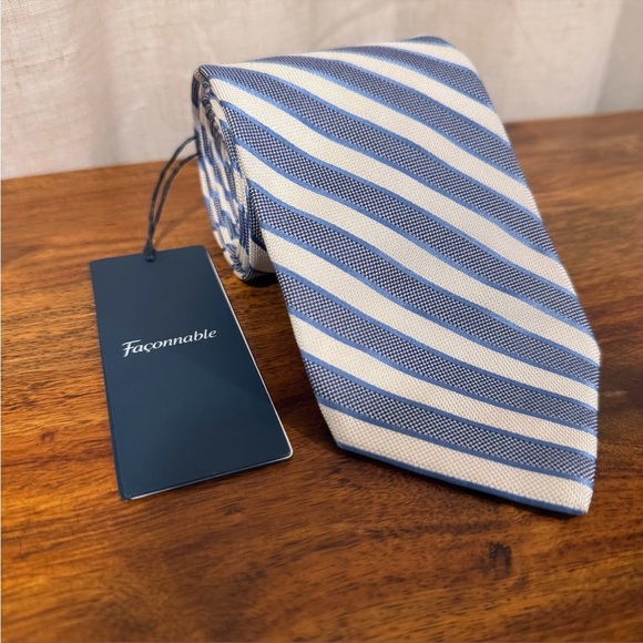 NWT FACONNABLE Blue, White & Silver Striped Silk Tie - Picture 9 of 13